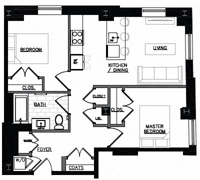 a floor plan of a house with bedrooms and a living room